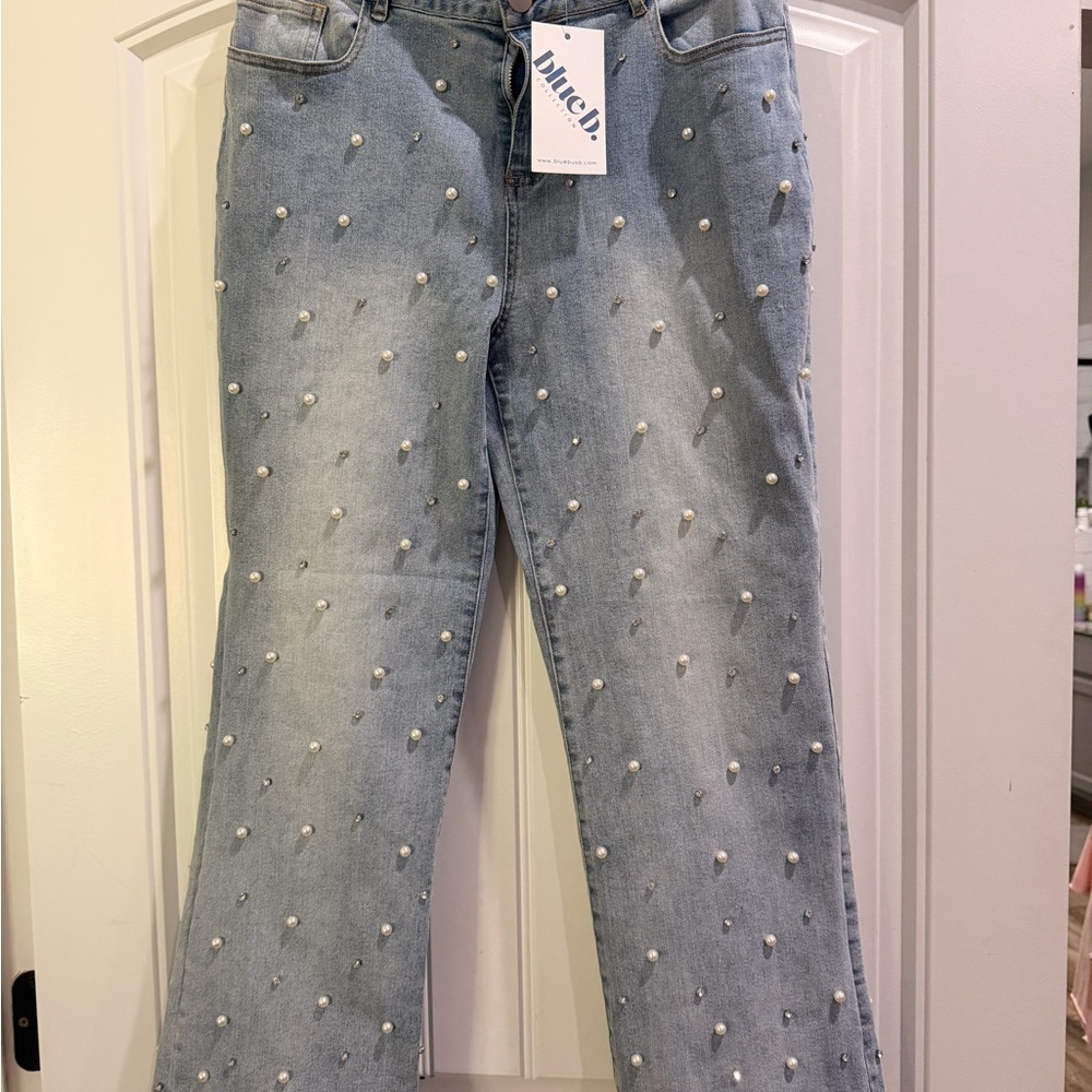 Bluenote Pearl-Embellished Straight-Leg Jeans — Light Blue